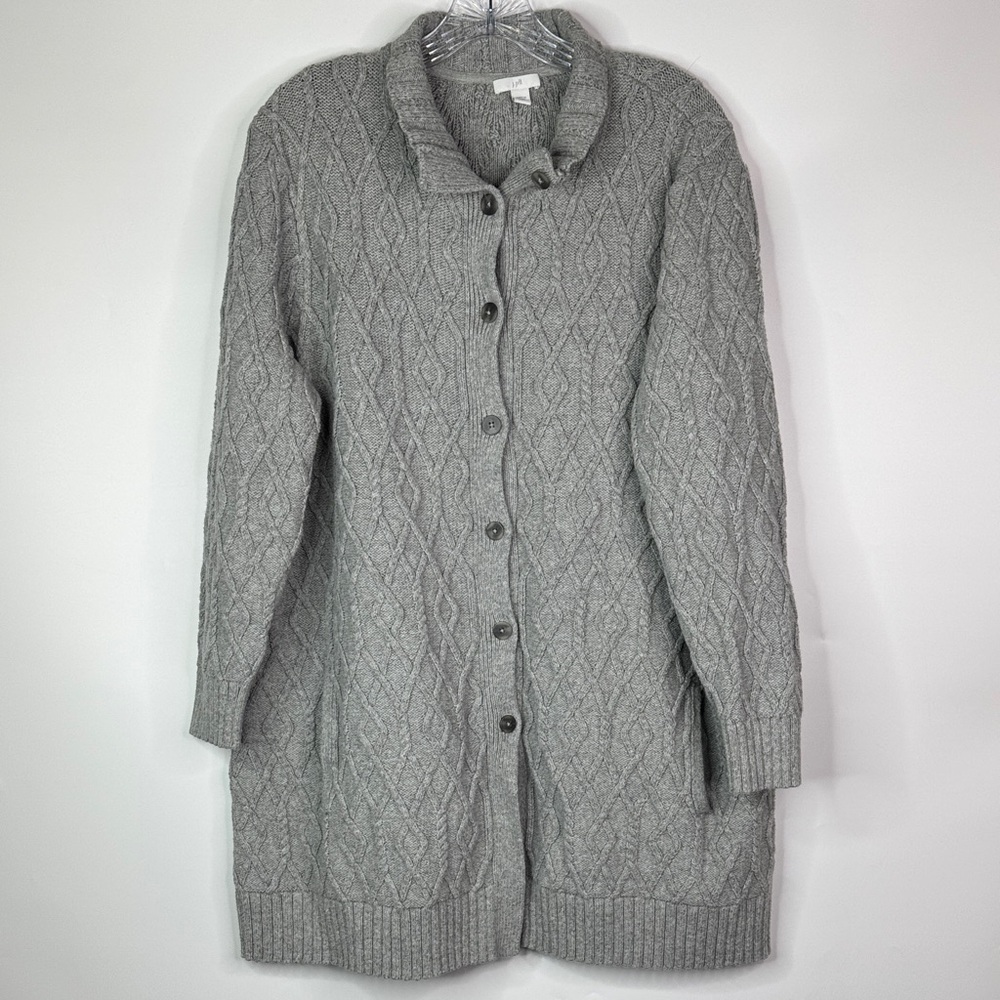 J.Jill Cable Knit Long Fisherman Wool Cotton Gray Sweater Size XL